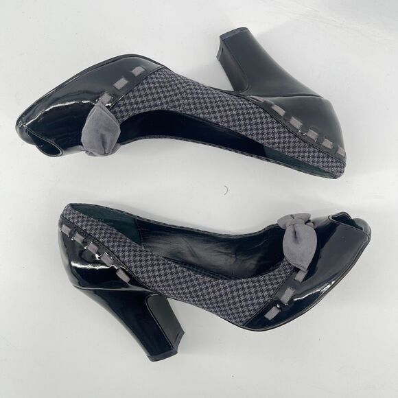 Black MUDD Chunky Heel Vintage Y2K Houndstooth Peep Toe Pumps Size 9 - Picture 7 of 14